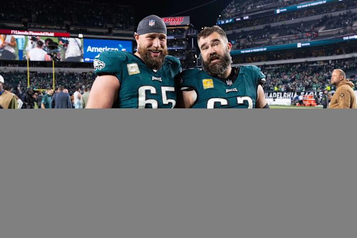 Lane Johnson (left) and Jason Kelce (right) are long-time teammates on the Philadelphia Eagles.